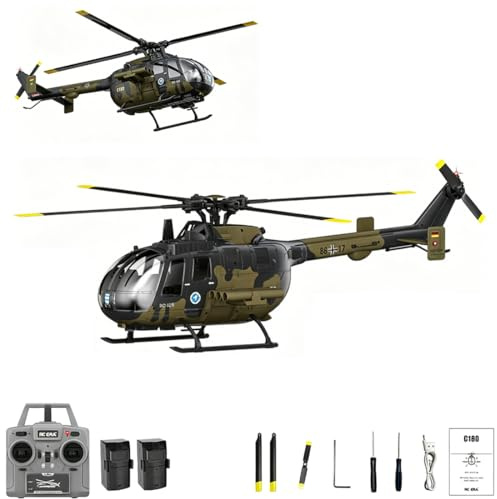 RC ERA BO-105 C180 1:25 Scale 2,4GHz Einrotor RC Helikopter, 6-Achsen Gyro Fernsteuer-Hubschrauber RTF mit Optical Flow Positionierung, TOF Höhenhaltung & Brushless Motor, Camouflage, 2 Akkus
