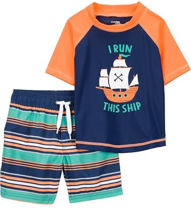 Simple Joys by Carter's Baby Jungen Swimsuit Trunk and Rashguard Rash-Guard-Set, Marineblau Orange Schiffe/Weiß Streifen, 3 Jahre