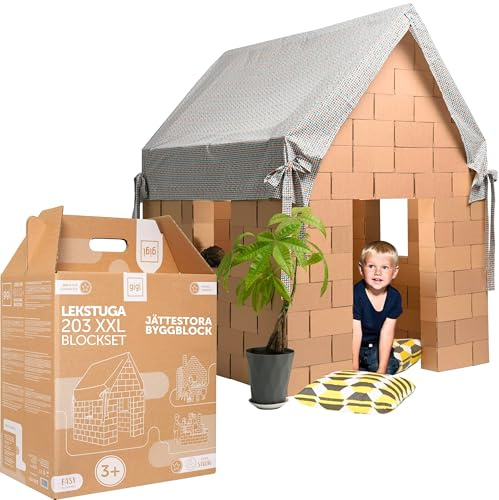 GIGI BLOKS XXL Byggklossar DIY Lekstuga För Barn, Stor Kartonglekstuga För Barn, Montessori Hus-Säng, Jumbo Torn & Slott Konstruktions set, 203 Klossar, Perfekt Present