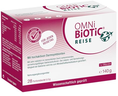 OMNi BiOTiC Reise | Für jeden Reisetag | 28 Portionen (140 g) | 10 Bakterienstämme | 5 Mrd. Keime pro Tagesdosis | Pulver | Vegan | Glutenfrei | Lactosefrei | Zur täglichen Anwendung