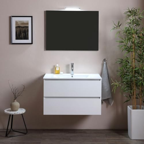 Kiamami Valentina Mobile Bagno Sospeso 90 Cm Bianco Effetto Legno Berlin | Composizione con lavabo ceramica, 2 cassetti, specchio 90x60 cm con led, stile moderno