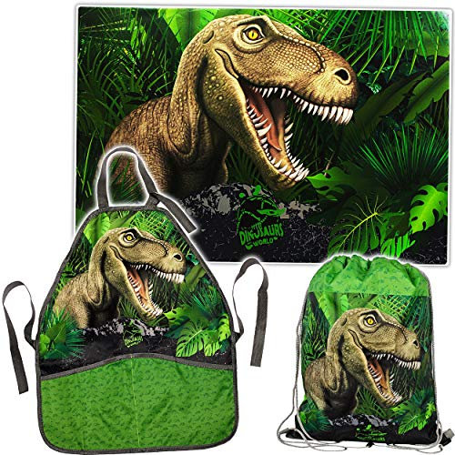 alles-meine.de GmbH Set: große - Schreibtischunterlage + Schürze + Beutel - Dinosaurier - Dino/Tyrannosaurus Rex - Kinderschürze - Unterlage - 60 cm * 40 cm - abwischbar - Schr..