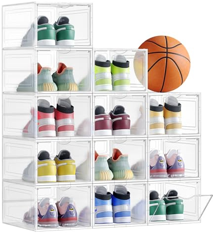 SONGMICS Shoe Boxes, Set of 12, Clear Plastic Shoe Storage, Stackable Sneaker Box, Drop Front Door, Up to US Size 11, Easy Assembly, 13 x 9.8 x 7.1 Inches, Transparent White ULSP032W12