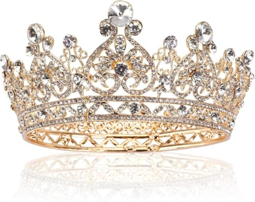 Yopay Gold Crowns, Full Round Diamond Crystal Bride Bridal Wedding Crowns and Tiaras Vintage Headband Hair Accessories for Women Birthday Prom Queen Pageant