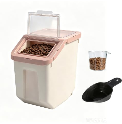 Toolzia 8kg Airtight Pet Food Storage Container with Lid (Pink Large) | BPA-free food storage bin with measuring cup & wheels, for dry dog/cat food, rice, flour, cereal