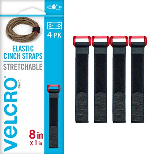VELCRO Brand VEL-30791-AMS Elastic Cinch Straps with Buckle | 8in x 1in, Pk of 4 | Fully Adjustable and Stretch for Snug Fit | for Fastening Power Cords, Ropes, Organizing Cables, More | Black