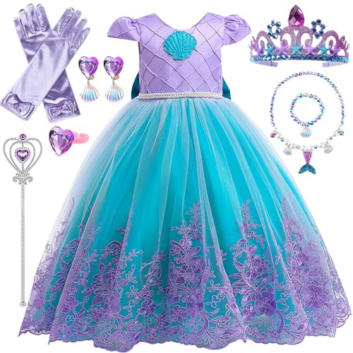 YYDSXK Prinsessklänning flicka, sjöjungfrudräkt barn, flickklänning med kronor, halsbandsset, prinsesskostym för jul, halloween, karneval, cosplay, födelsedagsfest, 3–10 år (130 cm)