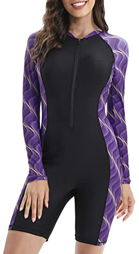 Halcurt UV Shirt Damen mit BH Langarm Badeanzug UPF 50+ Rash Guard S-XXL | Sonnenschutz Schwimmshirt, Halbem Reißverschluss, Schnell Trocknender, Atmungsaktiv, Raglan Ärmel, Surf Badeanzug mit Bein