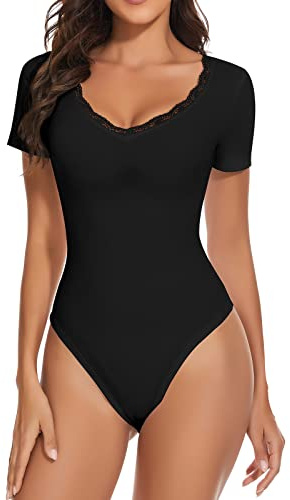 WOWENY Pizzo Body donna Elegante Cerimonia bodysuit donna sexy manica corta con scollo a V Nero XL