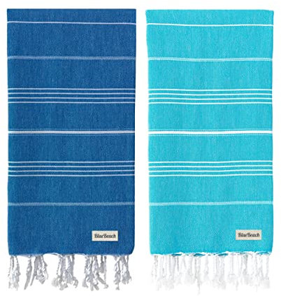 Blue Beach Turkish Towel - Set of 2-100x180cm Large Turkish Hammam Peshtemal Towel - Super Absorbent, Quick Dry, Lightweight, Compact Towels for Swimming, Bath, Gym and Travel (Blue+Turquoise)