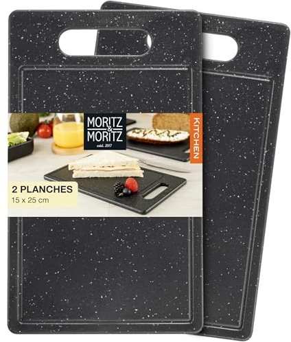 Moritz & Moritz 2 tablas de cortar de plástico con surco en aspecto de granito, 25 x 15 cm, tablas de cortar sin BPA, tabla de desayuno, juego higiénico y apto para lavavajillas