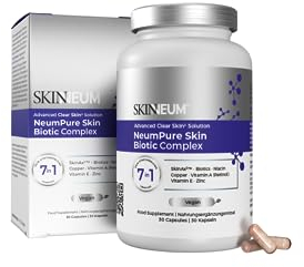 Anti Falten Hautpflege Komplex mit Vitamin C 12mg | Anti Fleckenmittel mit Zink 16mg + Niacin + Retinol + Kupfer + SkinAx2™, Probiotika (1 Milliarde KBE) SKINNEUM Neumpure Skin Biotic (30 Kapseln)