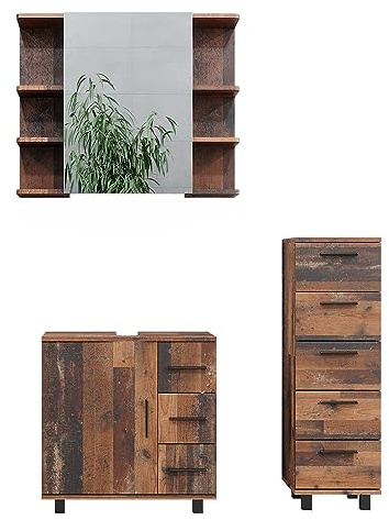 Vicco Badmöbel-Set Ilias, Eiche rustikal, 60 cm | besteht aus Waschbeckenunterschrank, Spiegelschrank und Midischrank
