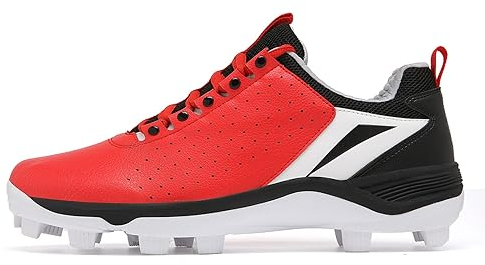 Herren Damen Baseball-Softball-Schuhe, leicht, atmungsaktiv, for Schnüren, bequem, Outdoor-Trainer, professionelle rutschfeste Baseball-Stollen, Herren-Turf-Schuhe (Color : White red Black, Size : 4