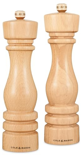Cole & Mason H233011 London naturlig bok salt och pepparkvarn set, 220 mm, precision+ kol/keramiska mekanismer, salt- och pepparkvarnar med justerbar malning, bokträ, presentset