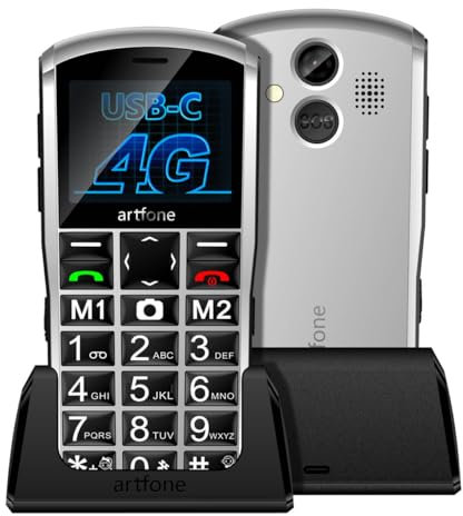 artfone A400 Silver - 4G Big Button Mobile Phone for Elderly丨USB-C, Charging Dock丨1800mAh Battery丨Easy to Use丨2MP Camera丨2.4‘’ Display丨SIM Free Unlocked Senior Mobile Phone丨SOS Button丨Dual-Nano SIM