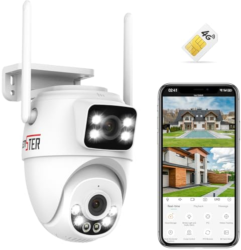 ENSTER 3G/4G LTE Telecamera Esterno con SIM Card a Doppio Lente, PTZ IP Videocamera, 2K Sorveglianza Pan 355°/Tilt 90°, Auto Tracking