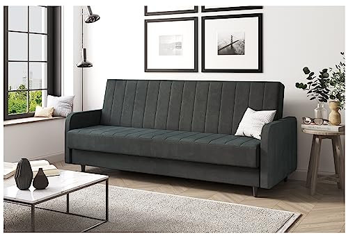 MEBLINI Sofa mit Schlaffunktion - Schlafcouch Ausziehbar - Schlafsofa mit Bettkasten - Sofabett - Couch mit Schlaffunktion - Klappsofa - Andres 3-220x87x93cm - Dunkelgrau Samt