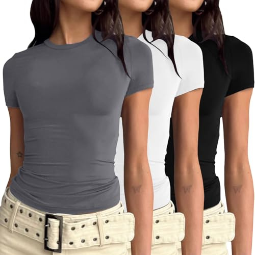Damen 3er Pack Basic Shirt Slim Fit Y2K Crop Tops T-Shirt Sommer Kurzarm Cropped Tshirt Yk2 Clothes Bauchfreies Oberteile Aesthetic Tops T-Shirts für Frauen Teenager Mädchen