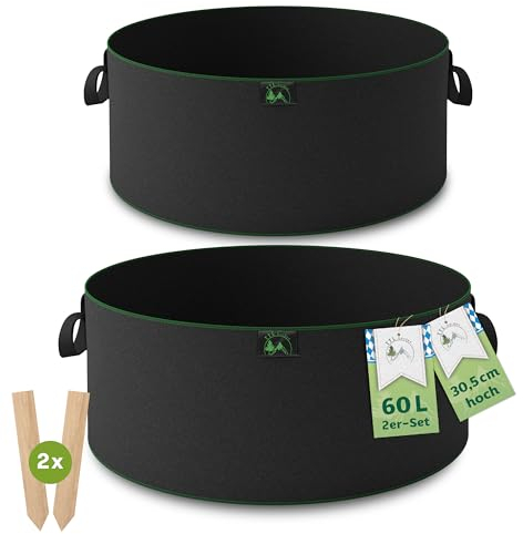 TTL Garden 2X 60L Hochbeet Pflanzsack aus Vliesstoff - 2er Set 60 Liter Filz Hochbeet Pflanzsäcke Ø 50 x H 30,5 cm 300 g/m² Filz & Vliesstoff Stoffbeet für Balkon Terrasse Gewächshaus & Garten