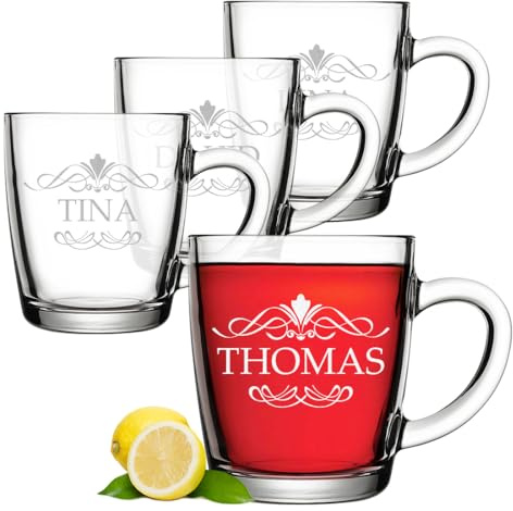 polar-effekt Teegläser 340 ml 4er Set mit Gravur - personalisierte Gläser mit Henkel - Glas für Tee, Kaffee und Latte Macchiato - Geschenk zum Geburtstag