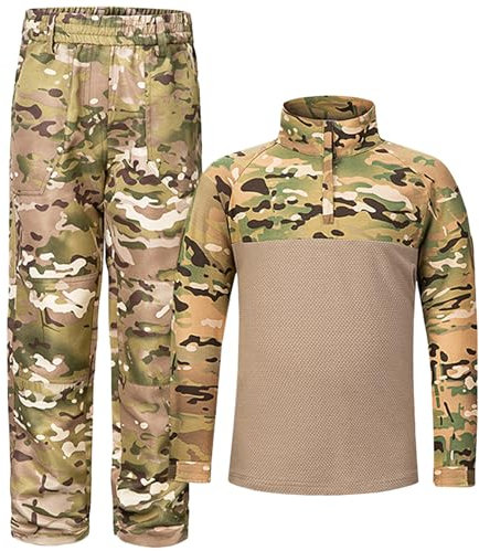 QIYUANT Children's Outdoor Tactical Camo T Shirt & Pants Sets Summer Airsoft Military Camouflage Combat Hunting Hiking Camping for Boys Girls Men Women (CP/Shirt + Pants, 160)