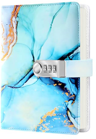 Bindundun Diary with Lock for Girls and Women,Leather Journal with Combination Lock,Refillable Lined Paper,with Pen Holder for Travel Diary Office Notepad (Blue)