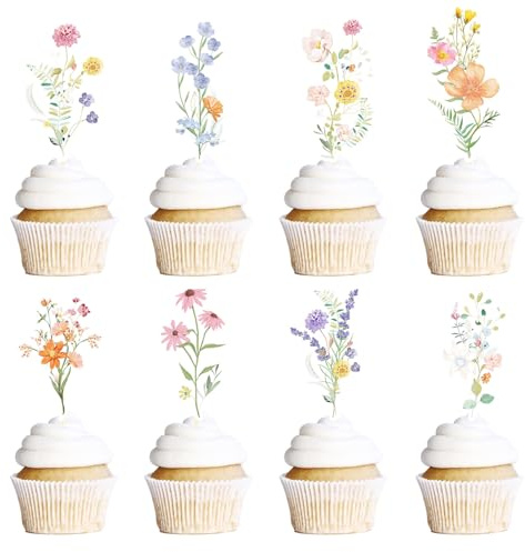 Rngmsi Flower Birthday Cupcake Toppers Decorations, 40PCS Wildflower Baby in Bloom Baby Shower Cake Decorations for Girls Women, Garden Floral Fairy Party Decor
