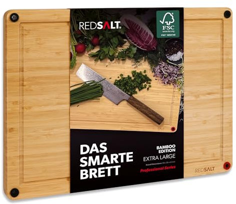 REDSALT Planche à découper innovante en bois de bambou XL 50 x 36 x 2,5 cm | Antidérapante des deux côtés | Antibactérienne | Grande planche en bois de qualité supérieure pour cuisine barbecue durable