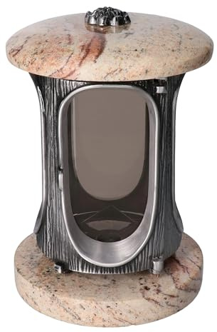 Snygg gravlykta Shivakashi granit höjd 23 cm/Ø 15 cm, silver med rosett
