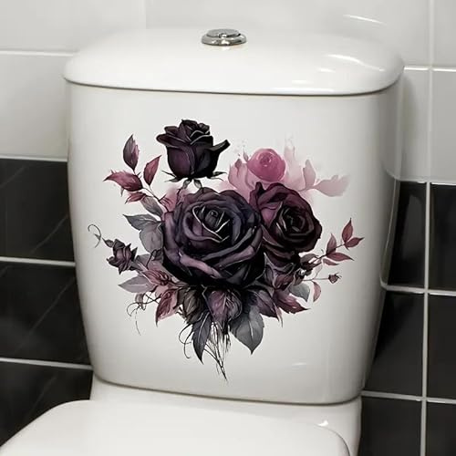 WC-Deckelaufkleber, Motiv: schwarze Rose, Blume, Schmetterling, Frühling, Blume, Blatt, Schmetterling, wasserdicht, WC-Deckel, Tanksitz-Aufkleber, Spülkasten, selbstklebend, Badezimmer-Wandaufkleber