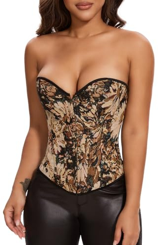 SLIMBELLE Korsett Damen Renaissance Vollbrust Vintage Blumendruck Corsage Crop Top Corset Braun S