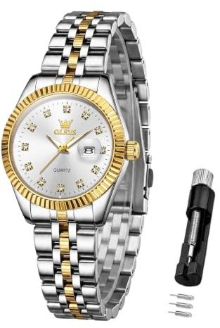 OLEVS Bicolor Uhren Damen Edelstahl Moderne Analog Klein Damenuhren mit Datum Silber Gold Metallarmband Armbanduhr Damen Wasserdicht Elegante Quarz Uhr für Frauen Weiß Zifferblatt Leuchtend Geschenke