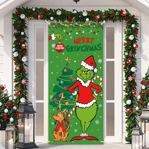 XNBTFK Christmas Door Cover, 180x90cm Grinch Door Cover, Xmas Door Hanging Banner Christmas, Grinch Front Door Decoration, Christmas Decorations for Outdoor Indoor