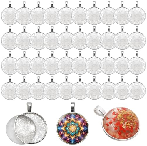 40 Stück Anhänger Tabletts Set, Lünette Anhänger Tabletts, Cabochon Set | Rund Anhänger 25mm, Runder Anhängersockel Silberfarben Flacher Pendant Trays Kit, für DIY Handwerk Foto Schmuck
