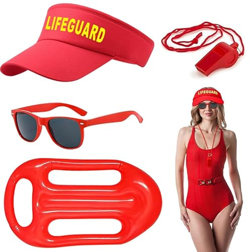 4 Stück Baywatch Kostüm mit Baywatch Boje Sonnenhut Pfeife Sonnenbrille