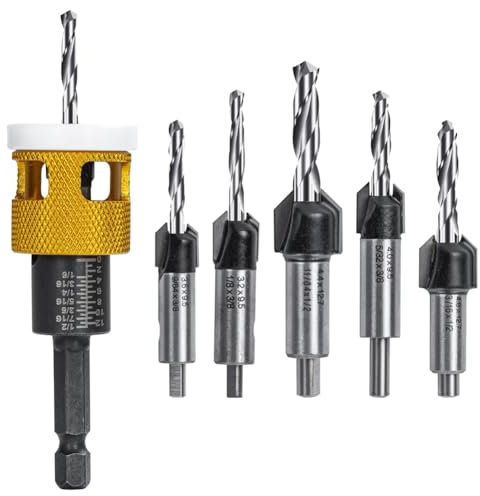 Fnfhsa Juego de 5 Brocas Avellanadoras: Brocas Cónicas HSS M2 Reemplazables, Avellanado de 82° con de Profundidad Ajustable