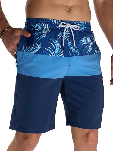 Arcweg Badbyxor med kompressionsfoder, 2-i-1, 23 cm, badshorts, snabbtorkande badkläder för män, för surfing, sommar, strand, Blått blad, M