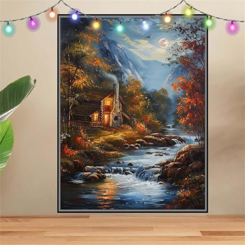 5D Diamond Painting,Diamant Painting Bilder Holzhaus,Bach Full Mosaic Making für Kinder,DIY Diamond Painting Erwachsene groß 90x120cm,Cross Stitch Diamond Painting Bilder für Home Wall Decor F3008