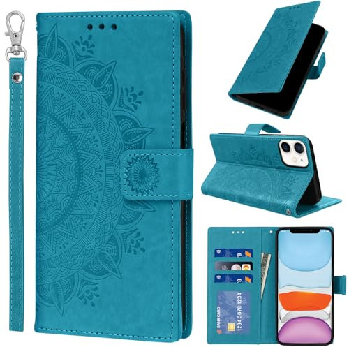 Pnakqil Coque pour iPhone 11 avec Dragonne Portable, Téléphone Etui Protection, Pochette Portefeuille Porte-Cartes Support Rabat Cuir PU Magnétique Étui avec TPU Phone Housse, Bleu