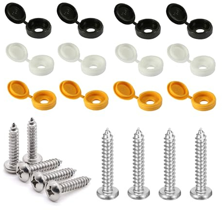 PREMIUM 24 Pcs UK Number Plate Fittings - White, Black and Yellow Screw Caps with Stainless Steel Screws - Car License Plate Fixing Devices - License Plate Screw Caps (4 of Each)