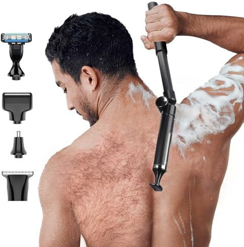Rasoio per schiena 'uomo, 4 in 1, elettrico, con manico regolabile, IPX6, impermeabile