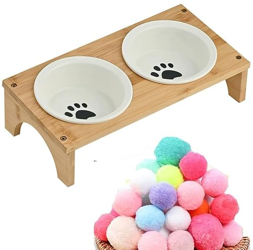 SUYUKU 2 Stück Katzennäpfe aus Holz, erhöht, 15 ° Futternapf, Anti-Erbrechen, Katzenfutterschale mit Katzenspielzeugball für Katzen, Welpen, Hunde, schützt die Wirbelsäule des Haustiers (Pfote)