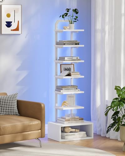 CHOEZON 8-stöckiges Bücherregal, halb offenes Standregal mit LED-Beleuchtung, vertikales Regal für kleine Räume, Aufbewahrungsregal, Eckregal, geeignet für Wohnzimmer weiß DTSJ08DWB