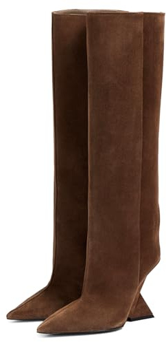 CAGLGLZ Women's Pointed Toe Wedge Heel Boots Knee High Slope Heel Pull On Boots Fashion Commuter Tall Boots(8,brown)