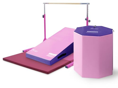 Kangaroo Hoppers Gymnastics Bar Set, 4×8 FT Gymnastics Mat and 24x26 Octagon Tumble and Incline Cheese Wedge Mat for Kids Tumbling, Skill Training, Home Gym Exercise (Gradient Pink)