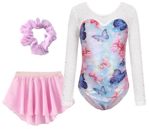 Happy Cherry Body Ginnastica Artistica Ragazze Balletto Leotards Maniche Lunghe + Gonnellino + Fascia per Capelli Danza Classica Ritmica Body Costumi Brillanti Farfalla Rosa 7-8 Anni