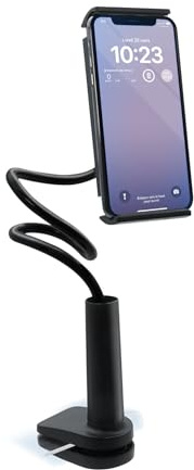 mooov 639321 Support de téléphone et Tablette pour Bureau, lit avec Bras Flexible articulé - Pince Réglable - Compatible Smartphone de 5 à 13 Pouces - Noir