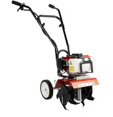 Cultivateur de brochettes, cultivateur à essence 52cc 2 temps avec 4 lames en acier au manganèse, roues réglables en hauteur, rouge/noir, élimination des mauvaises herbes