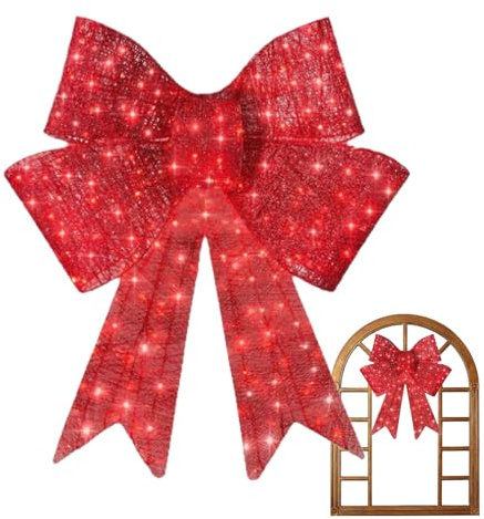 Décoration Noeud De Noël Lumineux 60cm | Grands Arcs Rouges De Noël Suspendus en Plein Air avec Lumières LED | Arc De Couronne De No-ël pour Porte D'entrée Intérieure Et Extérieure, Fête De Jardin